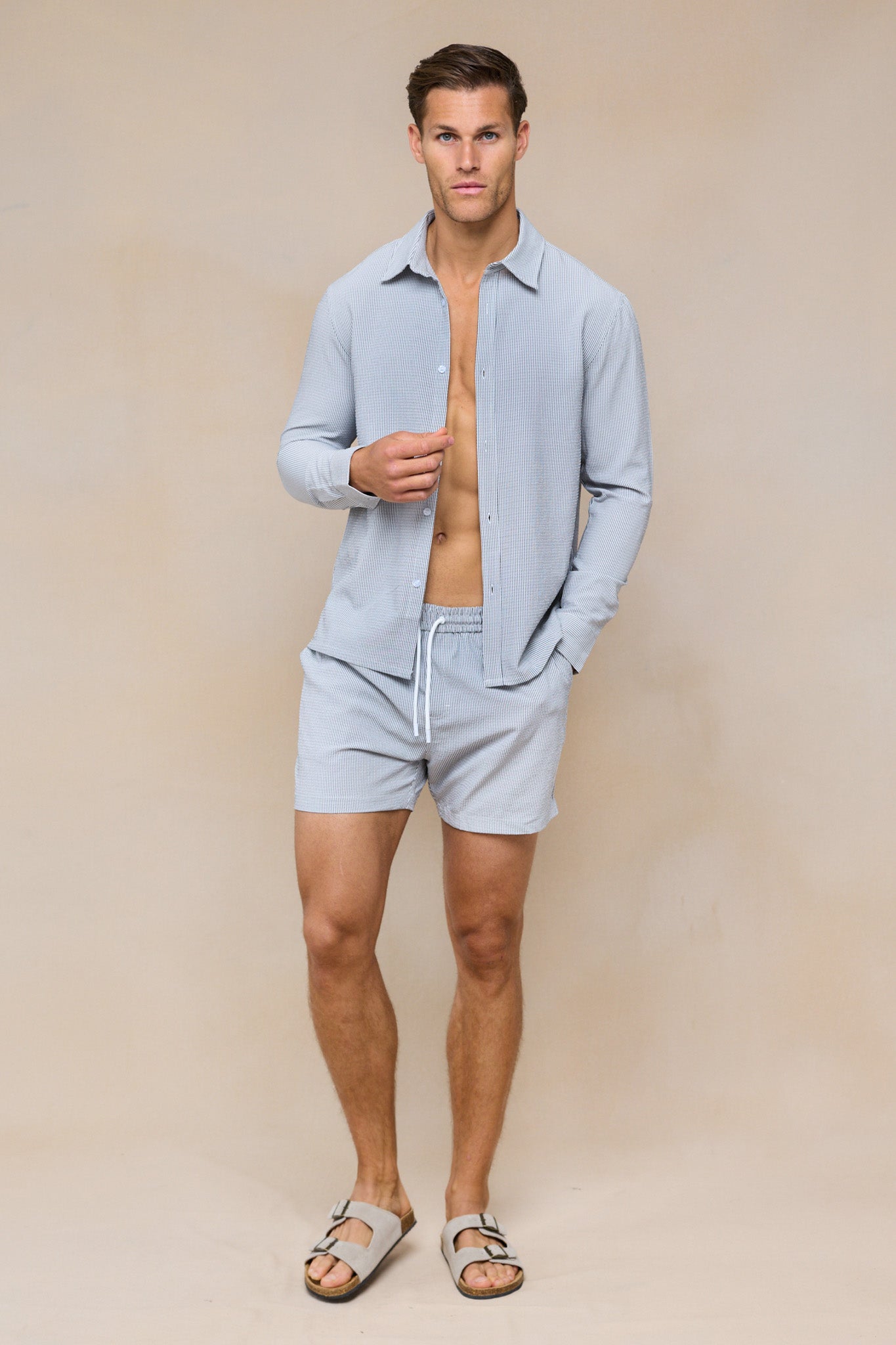 Vittorio Seersucker Long Sleeve Shirt - Black/White
