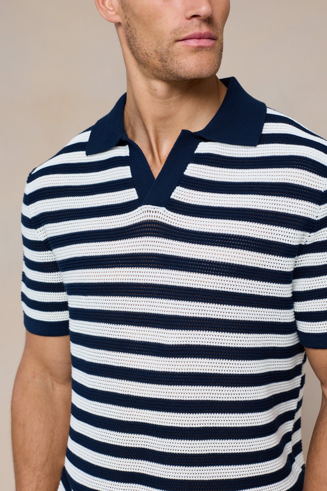 Lattolo Striped Knit Polo Shirt – Navy/Ecru