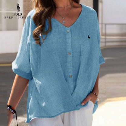 🇫🇷 Chemise en lin à col en V et volant pour femme Ralph Lauren