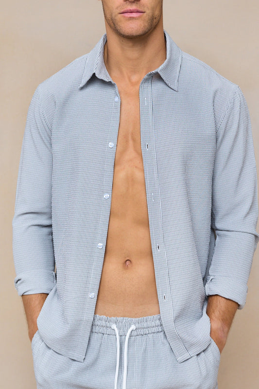 Vittorio Seersucker Long Sleeve Shirt - Black/White