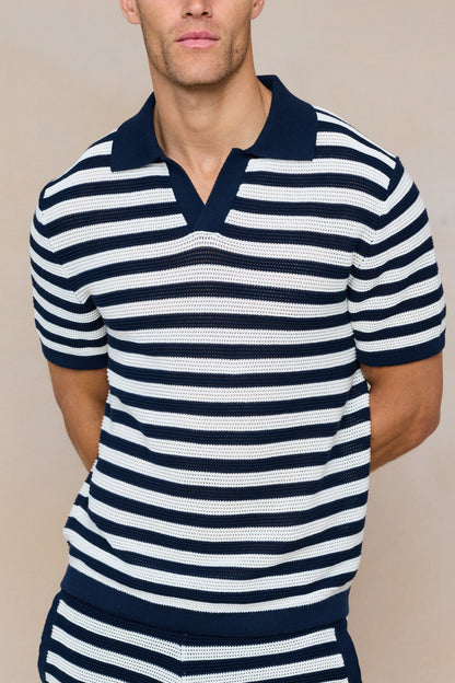 Lattolo Striped Knit Polo Shirt – Navy/Ecru