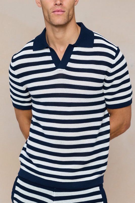 Lattolo Striped Knit Polo Shirt – Navy/Ecru