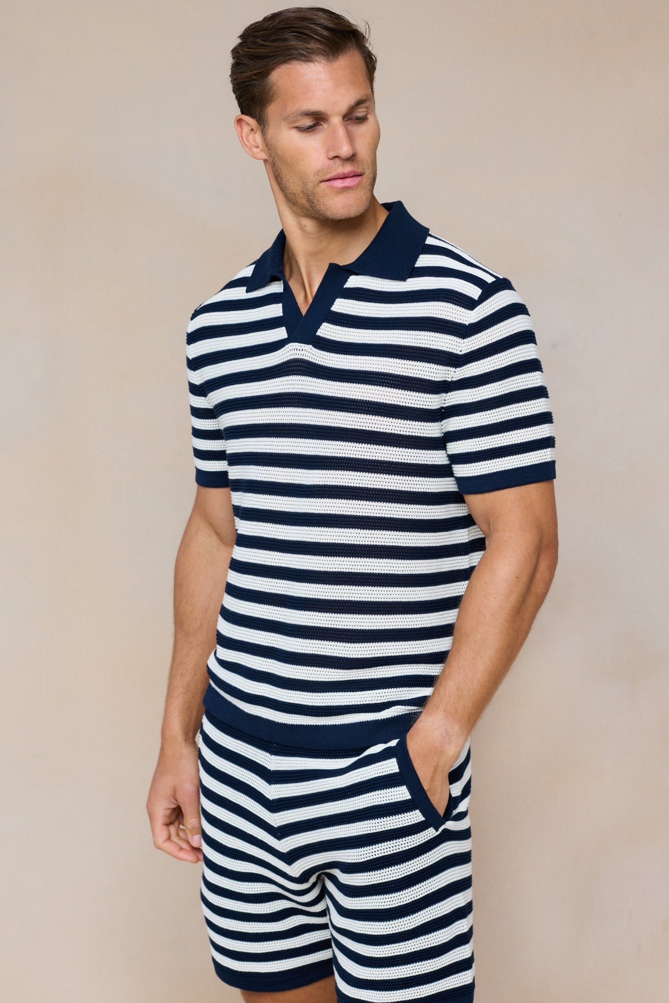 Lattolo Striped Knit Polo Shirt – Navy/Ecru