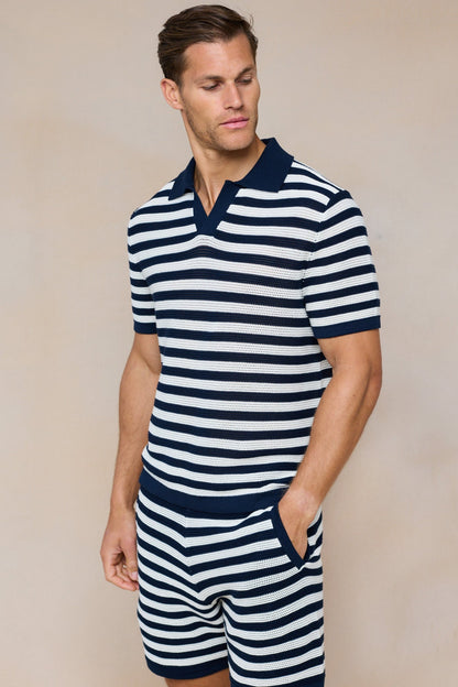 Lattolo Striped Knit Polo Shirt – Navy/Ecru