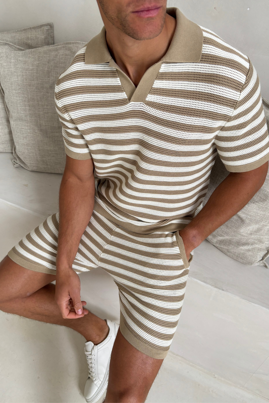 Lattolo Striped Knit Polo Shirt – Ecru/Beige
