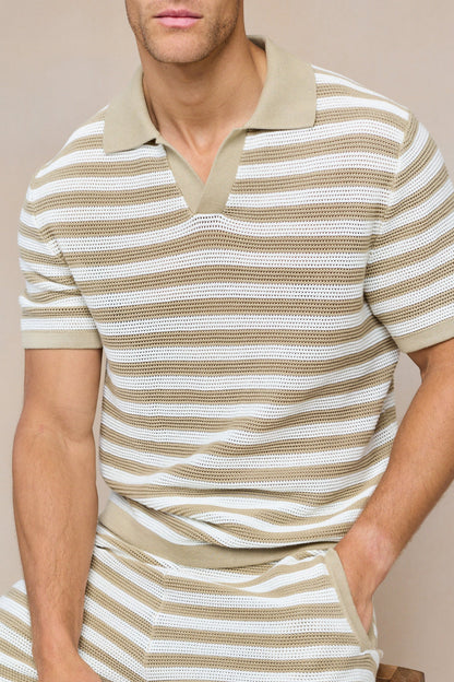Lattolo Striped Knit Polo Shirt – Ecru/Beige