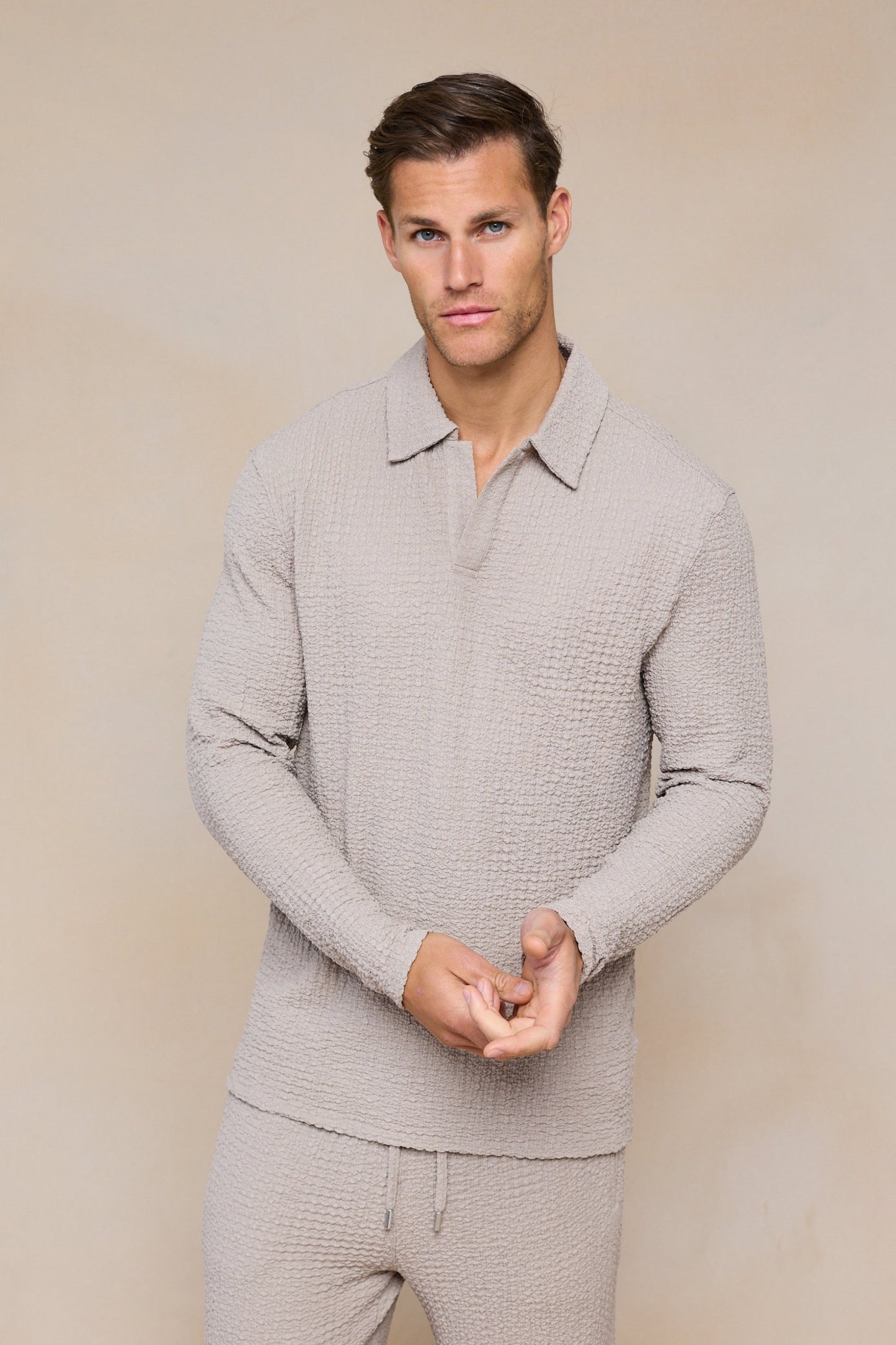 Artie Ruched Textured Long Sleeve Polo Shirt - Mushroom