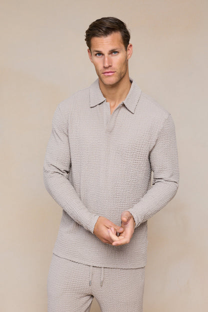 Artie Ruched Textured Long Sleeve Polo Shirt - Mushroom
