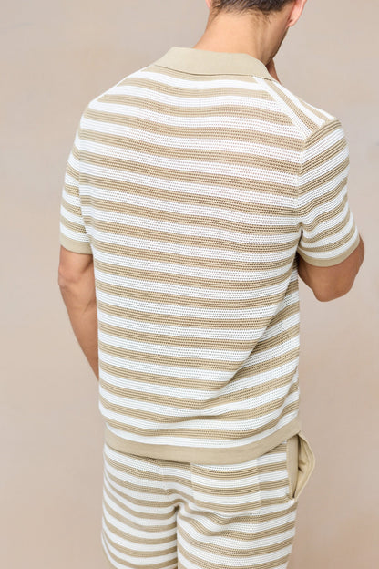 Lattolo Striped Knit Polo Shirt – Ecru/Beige