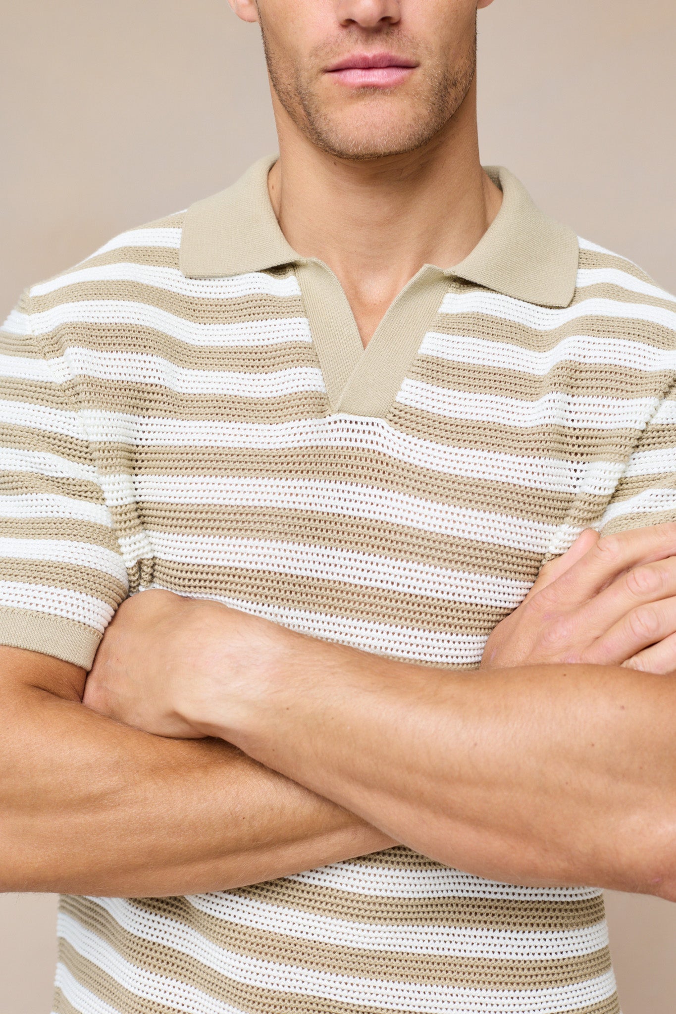 Lattolo Striped Knit Polo Shirt – Ecru/Beige