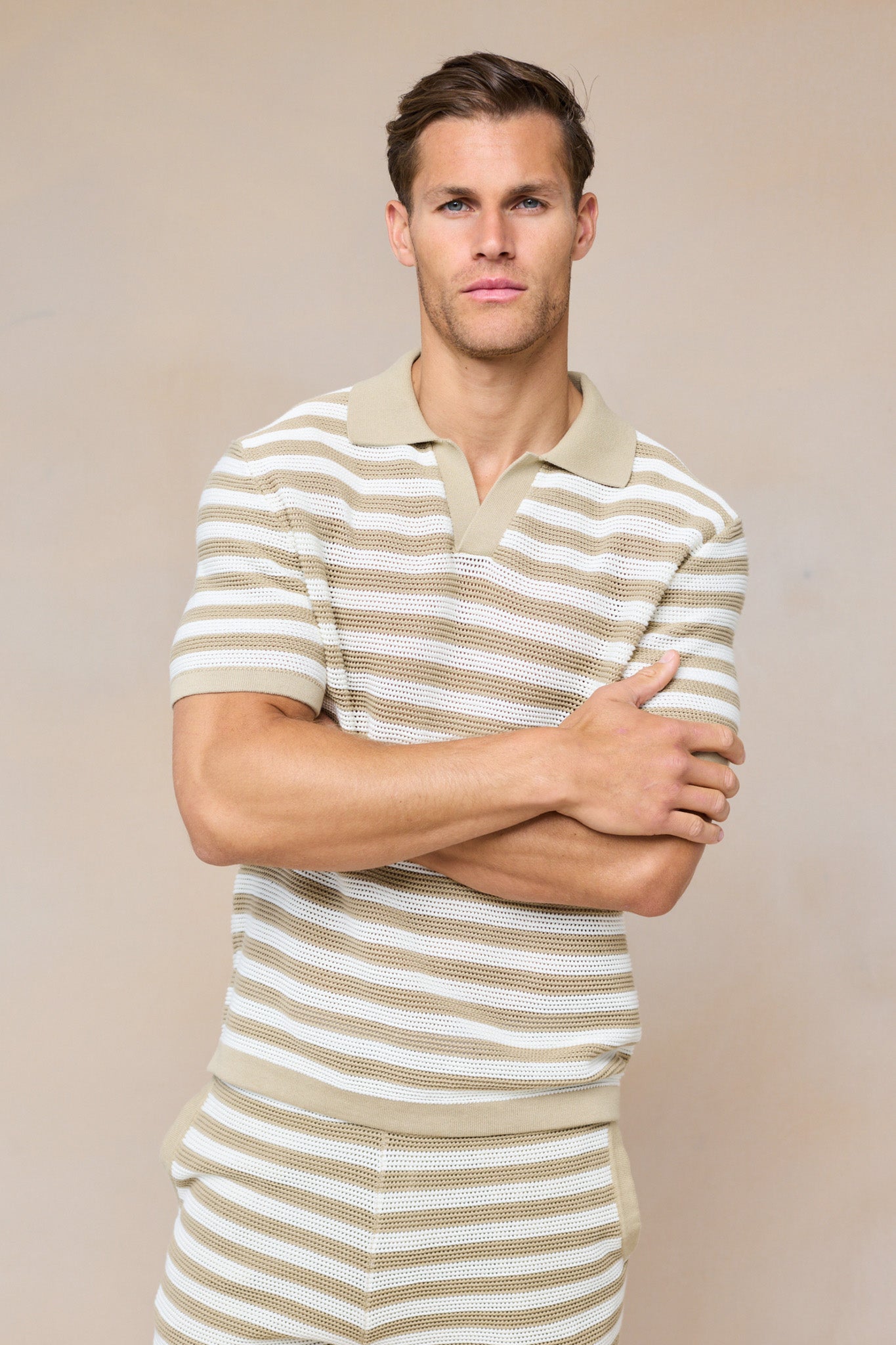 Lattolo Striped Knit Polo Shirt – Ecru/Beige
