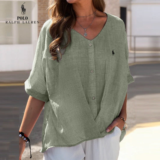 🇫🇷 Chemise en lin à col en V et volant pour femme Ralph Lauren
