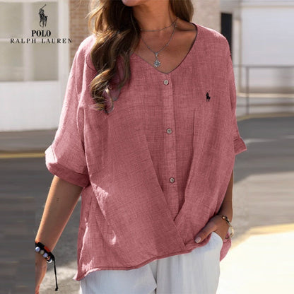 🇫🇷 Chemise en lin à col en V et volant pour femme Ralph Lauren